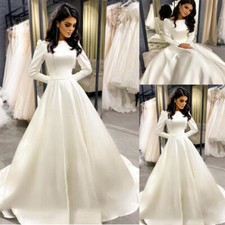 Satin Wedding Dresses Muslim Long Sleeves O-Neck A Line Bridal Gown Sweep Train