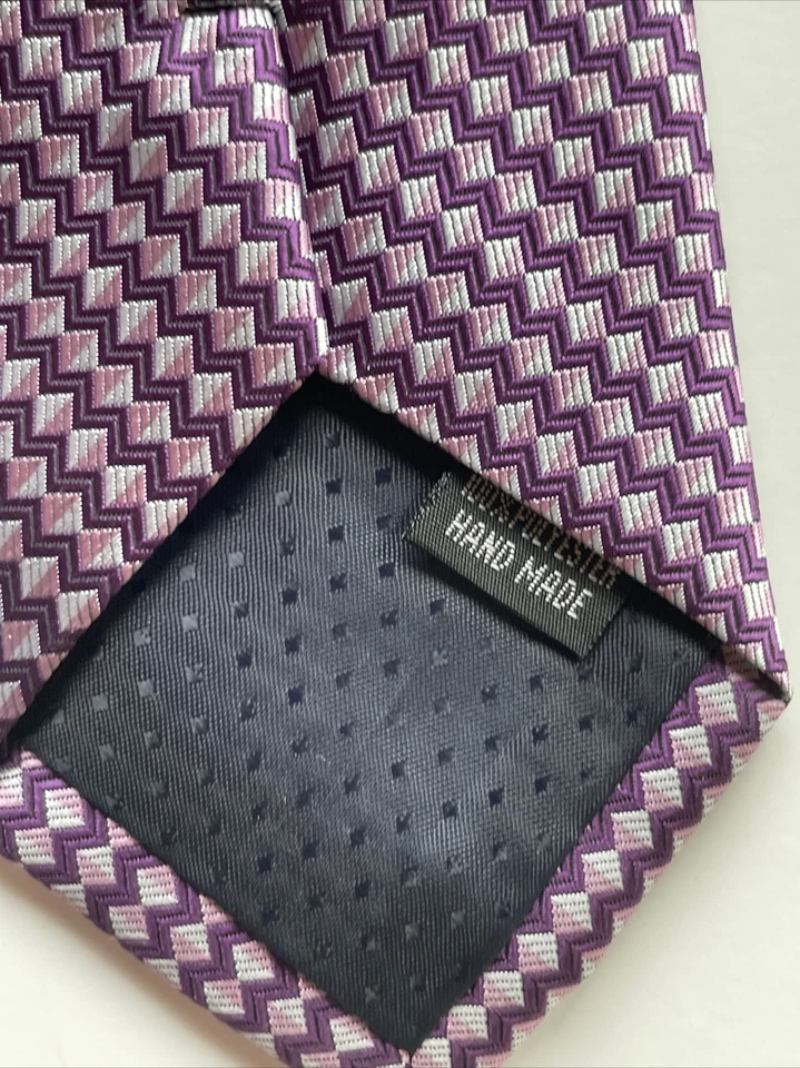 "Corbata de seda Umo Lorenzo microfibra tejida púrpura diseño cuadrado geométrico hecha a mano 3""" Foto 4 de 4