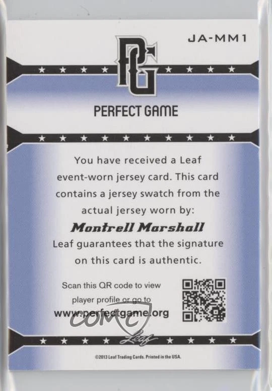 2013 Leaf Perfect Game Showcase Jersey Green /10 Montrell Marshall #JA-MM1 Auto - Image 2 of 2