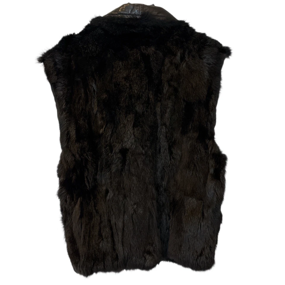 Women's Large Andrew Marc Opossum Fur Leather Collar Full Zip Up Vest Brown Vtg - Image 2 of 4
