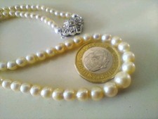 Cultured Pearl Necklace Lotus Silver Clasp graduated 3-7mm re-threaded. 16.6g