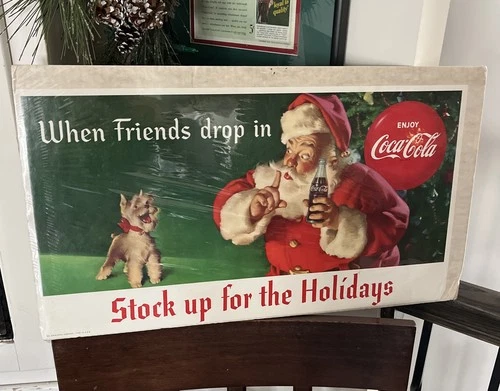Vintage Original 1961 Coca-Cola Store Sign Lithograph Paper Christmas Santa