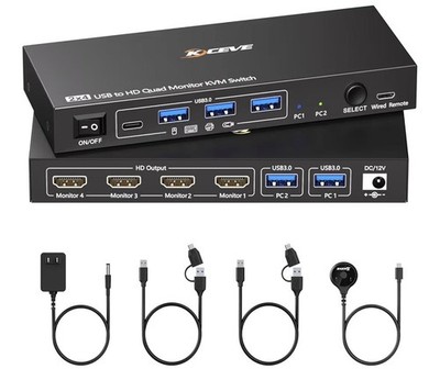 KCEVE 2x4 Quad Monitor KVM Switch USB 3.0 to 4 HDMI Wired Remote Mac/Windows