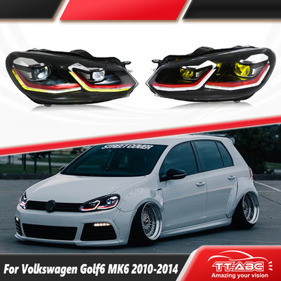 LED Headlights Yellow Dynamic DRL For VW 2010-2014 Golf 6 MK6 Projector Assembly