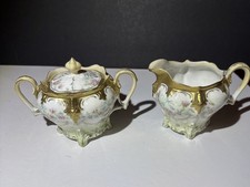 RS Prussia Antique Floral Creamer And Sugar Bowl Set With Gold Trim