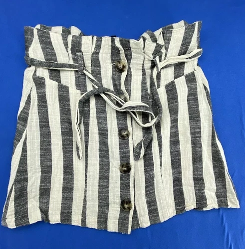 Lulus Paper Bag Waist Mini Skirt Sz M Button Up Black/White Stripe Linen/Cotton