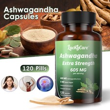 Organic Ashwagandha Capsules 605mg Supplement w/ Black Pepper Root Powder