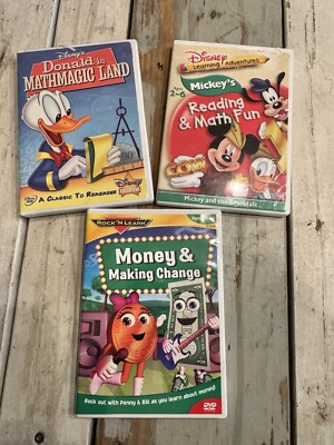 Lot Of (3) Learning Educational DVDs Money, Math, Reading Disney/Rock 'N Learn