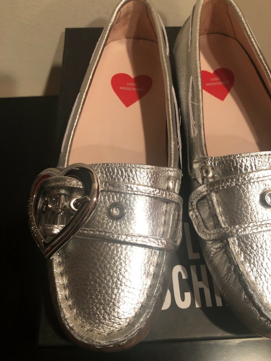 NEW Love Moschino Silver Loafers Leather Heart Flats Shoes