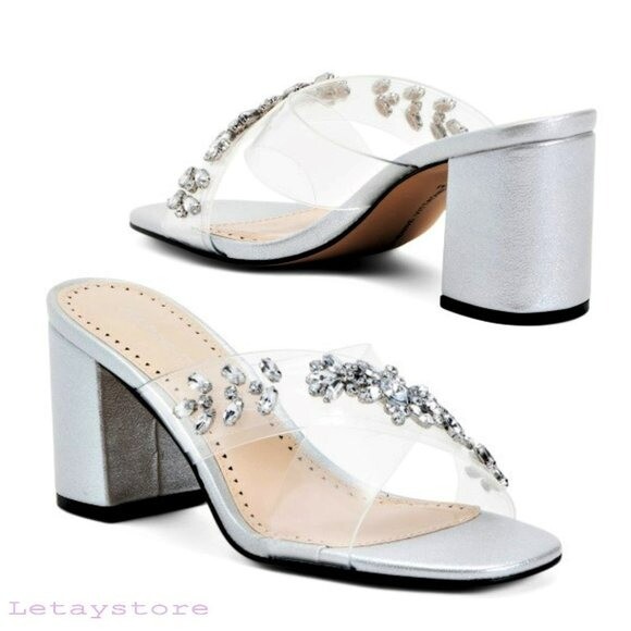 NWT ADRIENNE VITTADINI Jewel Embellished Metallic Finish Block Heel Sandals