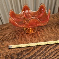 Viking MCM Modern Amberina 6 Petal Orange Glass Compote Bowl 7" Dia. X 4.5" Tall