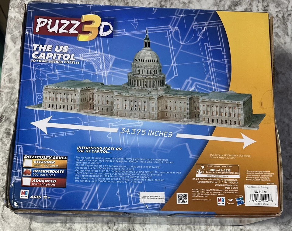 Rompecabezas Milton Bradley Puzz3D The US Capitol 2013 300 piezas con respaldo de espuma 3D Foto 2 de 2