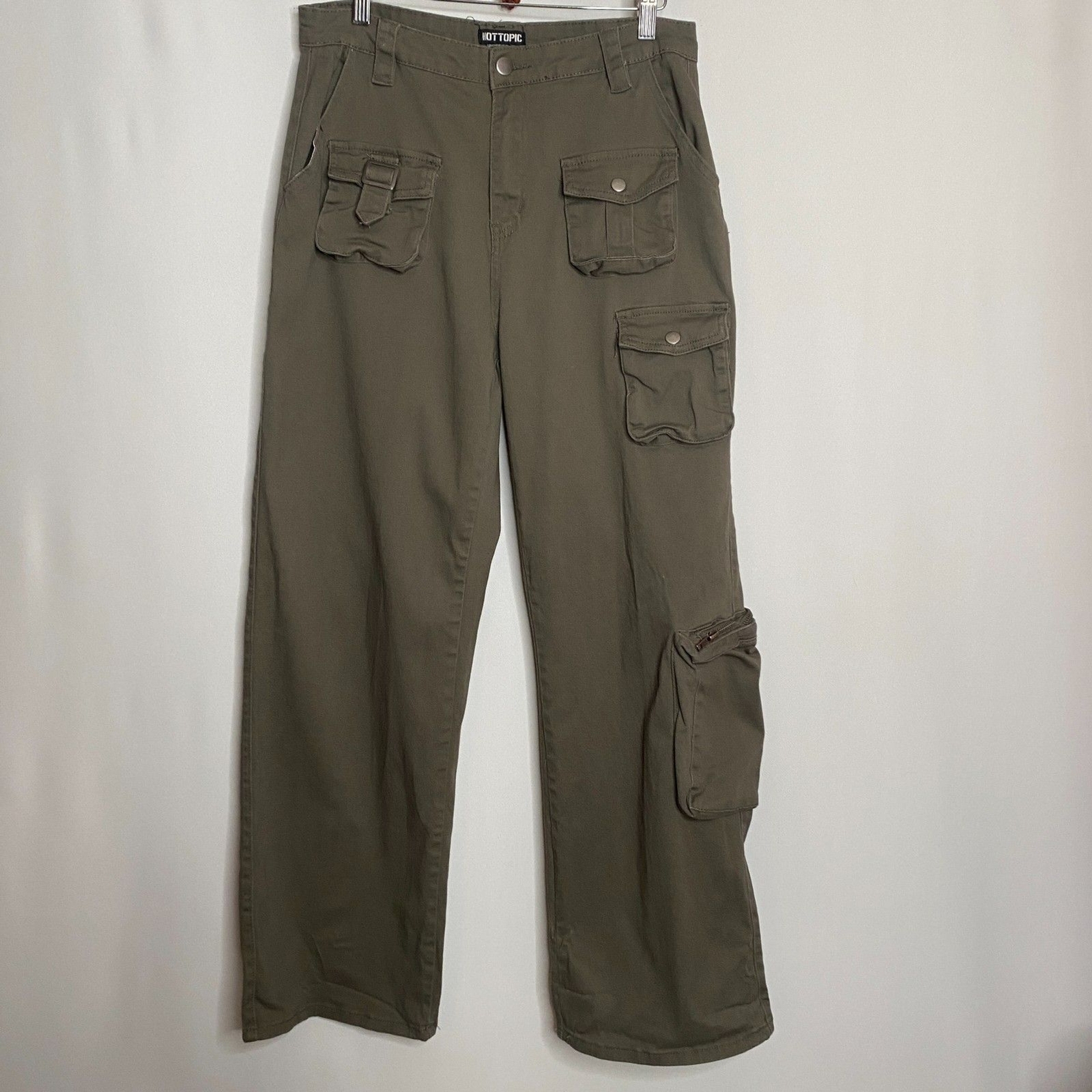 Hot Topic Olive Green Multi-Pocket Girls Cargo Wide Leg Trousers Y2K Size 9