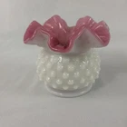 Vintage Fenton Hobnail Pink White Cased Glass Ruffled Rim Footed Vase 3.5” Tall