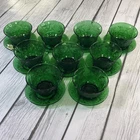Vintage Anchor Hocking Forest Green Glass Set Of 9 Sandwich Custard Cup w/Saucer