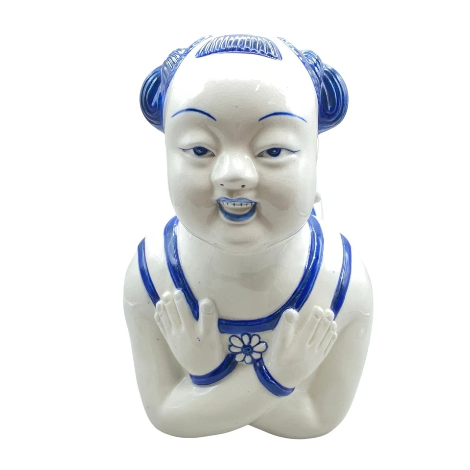 Vintage Asian Chinoiserie Blue White Figural Floral Pillow Baby Buddha Stool - Image 3 of 4