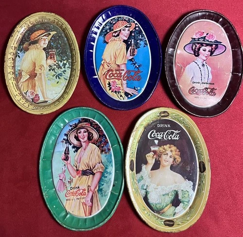 Vintage 1970’s Coca Cola Lady Advertising Metal Tin Serving Trays - Lot Of 5