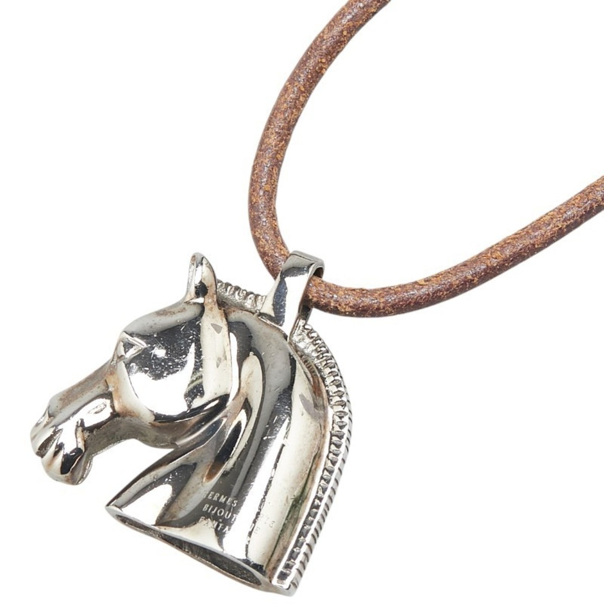 Hermes Cheval Horse Pendant Necklace Silver Brown Metal