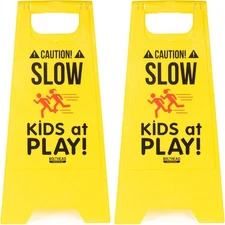 Pack of 2 Caution Slow Kids at Play Child Safety Double-Sided Sign Yellow