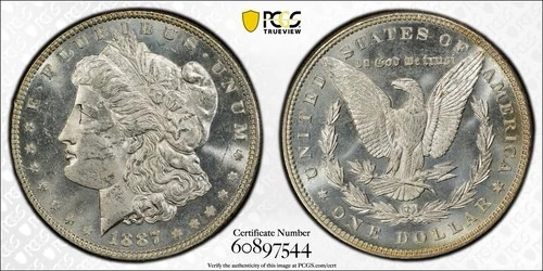 1887 $1 Morgan Silver Dollar PCGS MS63 Gold Shield