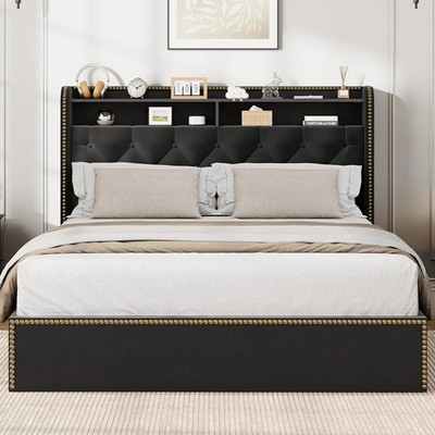 Full Queen Size Platform Bed Frame, 2 Tier Headboard & 4 Drawers, Velvet Tufted