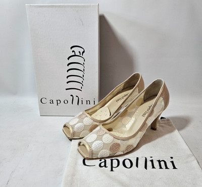 Capollini V119 Schuhe Pumps mit Absatz, gold, bestickte Kreise, Größe UK 6,5