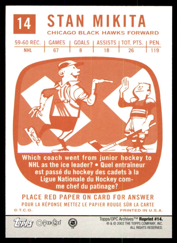 2001-02 Topps / O-Pee-Chee Archives Stan Mikita Chicago Blackhawks #14 - Image 2 of 2