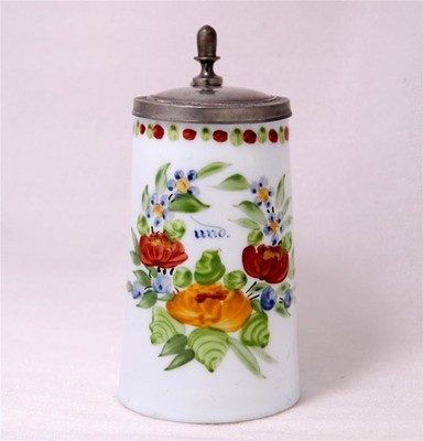 Antique Bohemian Milk Glass Beer Stein Hand Painted Enamel Floral c.1820s