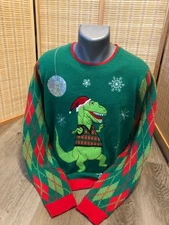 Ugly Christmas Sweater Funny Men's Dancing Disco T-Rex Dinosaur Large L (H498)