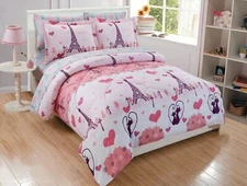 Fancy Linen Teens/Girls Comforter Set Paris Eiffel Tower Hearts Pink Grey New...