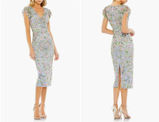MAC DUGGAL 5722 FLORAL EMBELLISHED FLUTTER CAP SLEEVE SLATE BLUE MIDI DRESS 12