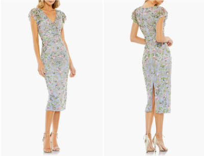 MAC DUGGAL 5722 FLORAL EMBELLISHED FLUTTER CAP SLEEVE SLATE BLUE MIDI DRESS  12