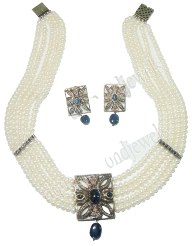 4.88ct Rose Cut Diamond Sapphire Pearl 925 Sterling Silver Anniversary Necklace