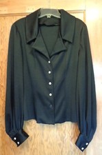 Vntg 70s Black Disco Long Bell Sleeve Double Knit Blouse Womens S 38" Rhinestone