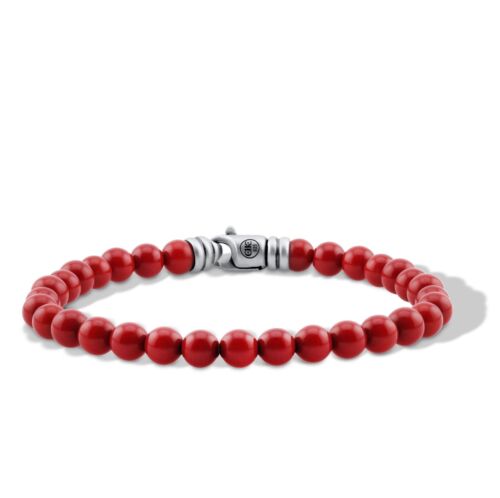 Bracelet homme 6 mm perles de corail rouge naturel argent sterling 925 - Photo 1 sur 5