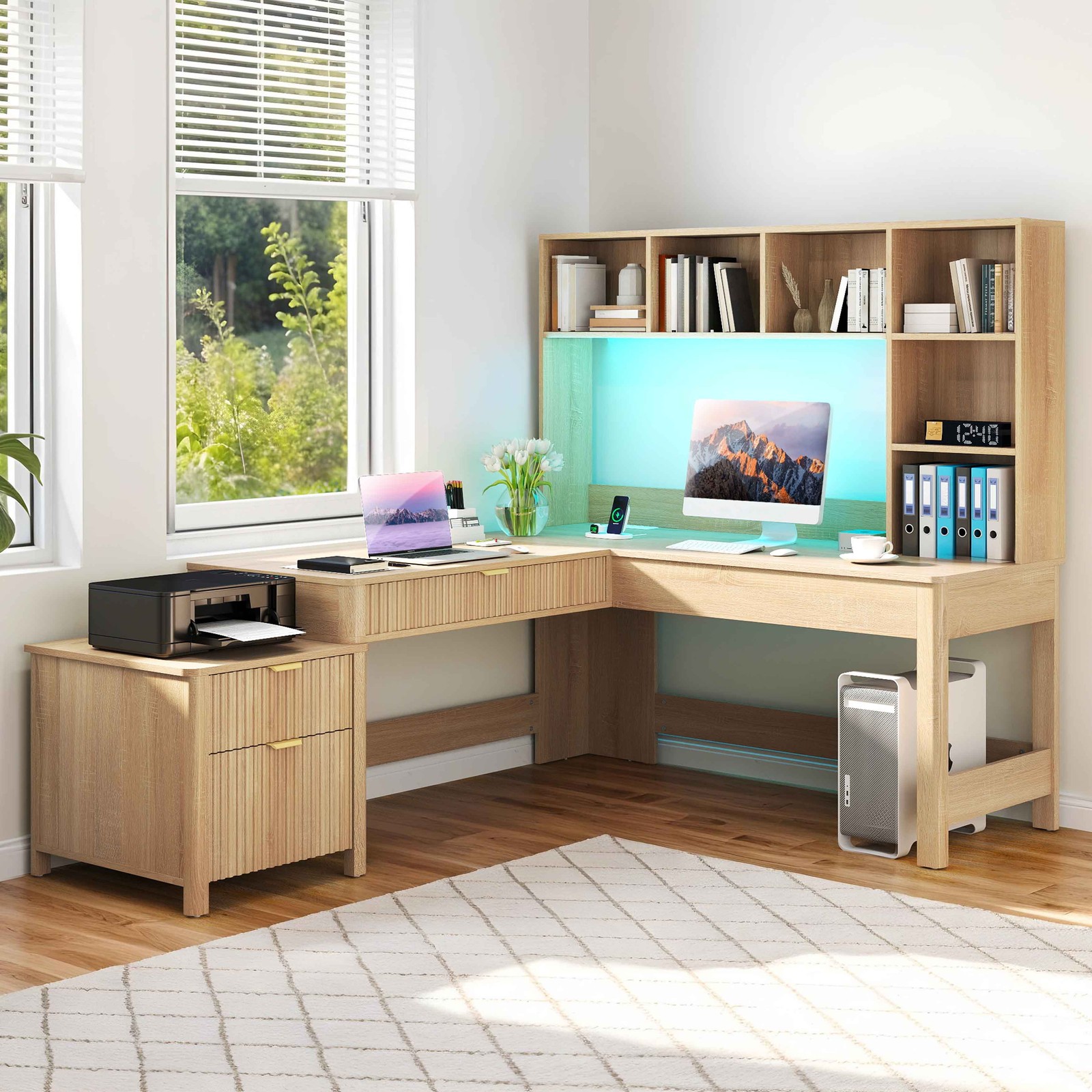 L Shaped Desk 67 inche Computer Desk Gaming Desk with Hutch & Drawers LED Lights