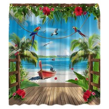Ocean Beach Shower Curtain Tropical Palm Tree Blue Sky Sunrise Seaside