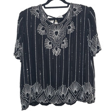 Vintage Cervelle 100% Silk Beaded Sequin Top Womens 2X Black Art Deco Gatsby NWT