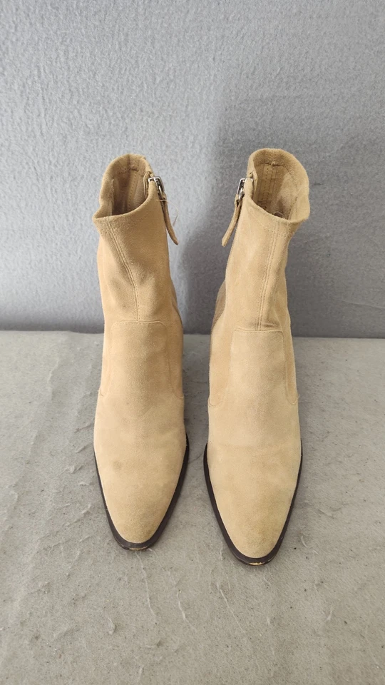 ZARA Mujeres Botas 38 Tostado Gamuza Punta Vaquero Western Tacón Bloque Zapatos al Tobillo Foto 2 de 4
