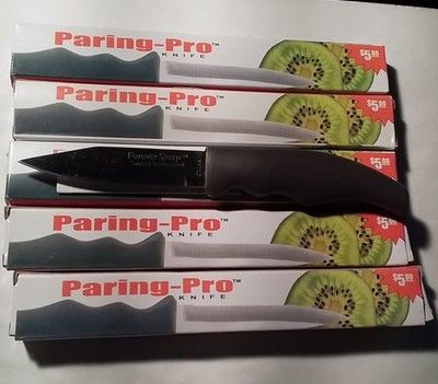 Forever sharp paring knives set of 5 new ones. Black handle, 3'' blade