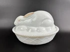Vintage Westmoreland Milk Glass Rabbit on Nest Candy Dish Pink Ears & Nose 7.5”