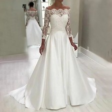 Elegant A-Line Wedding Dresses 3/4 Sleeves Satin Appliques Beaded Bridal Gowns