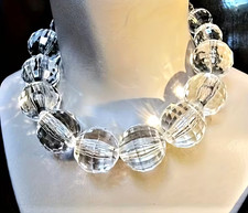 Chunky Clear Acrylic Statement Necklace 21" ? Huge 1 inch + Faux Crystal Beads
