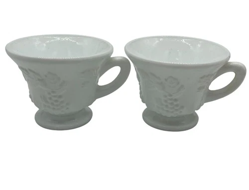 Vintage Colony Harvest Milk Glass Grape Vine Tea Cup Set Discontinued Set of 2