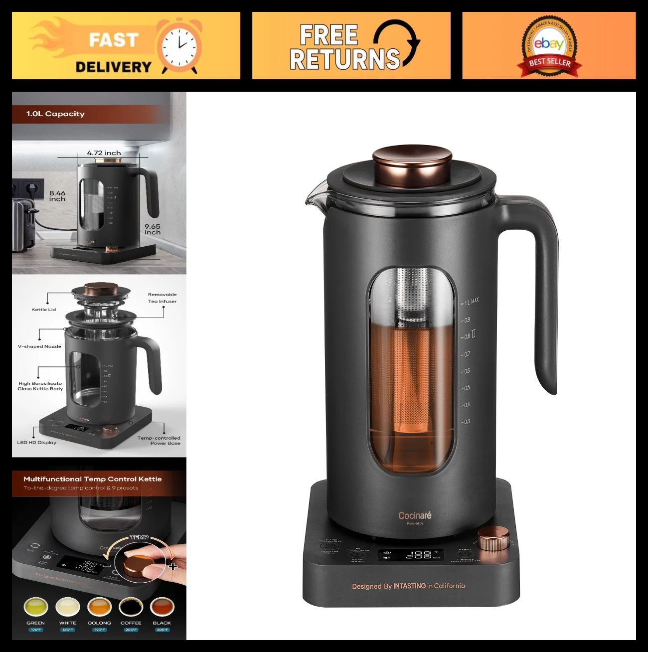 Electric Glass Tea Kettle with Infuser, 1200W Fast Heating, BPA-Free, 1L