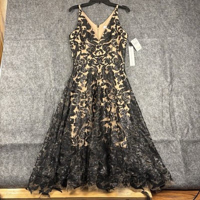 Dress The Population Alicia Lace Dress Black Nude Midi Formal Prom S NWT