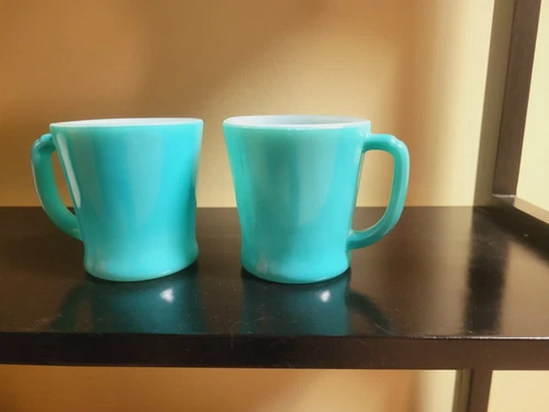 2 FIRE KING TEAL D HANDLE MUGS ANCHOR HOCKING MILK GLASS 