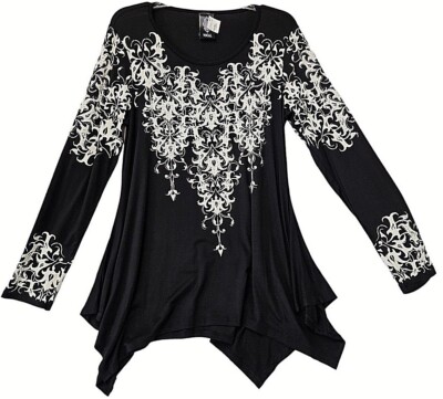 Vocal Blouse Womens Plus 3X Black Long Sleeve Rhinestone Bohemian Pullover New