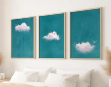 Cloud Wall Art Set of 3 Canvas / Art Prints / Framed Minimalist Art Above Bed