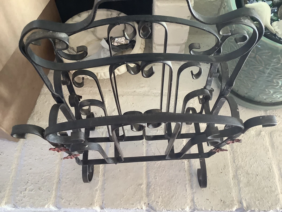 Vintage Wrought Iron Ornate Black Magazine Rack Towel Holder Scroll
